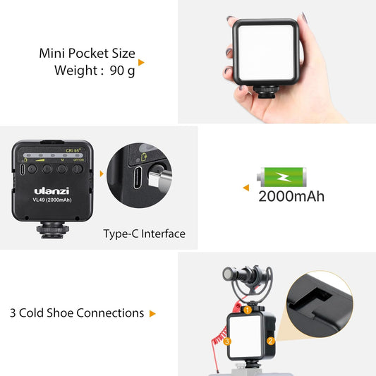 ULANZI VL49 2000mAh LED Video Light w 3 Cold Shoe