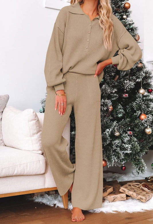 TOLENY Women 2 Piece Lounge Outfits Set Half Button Sweater Wide Leg Pant Loungewear Tracksuit