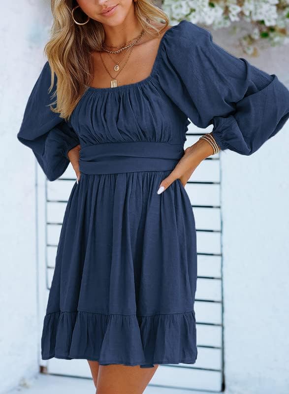 Dokotoo Womens Dress Long Lantern Sleeve Square Neck Tie