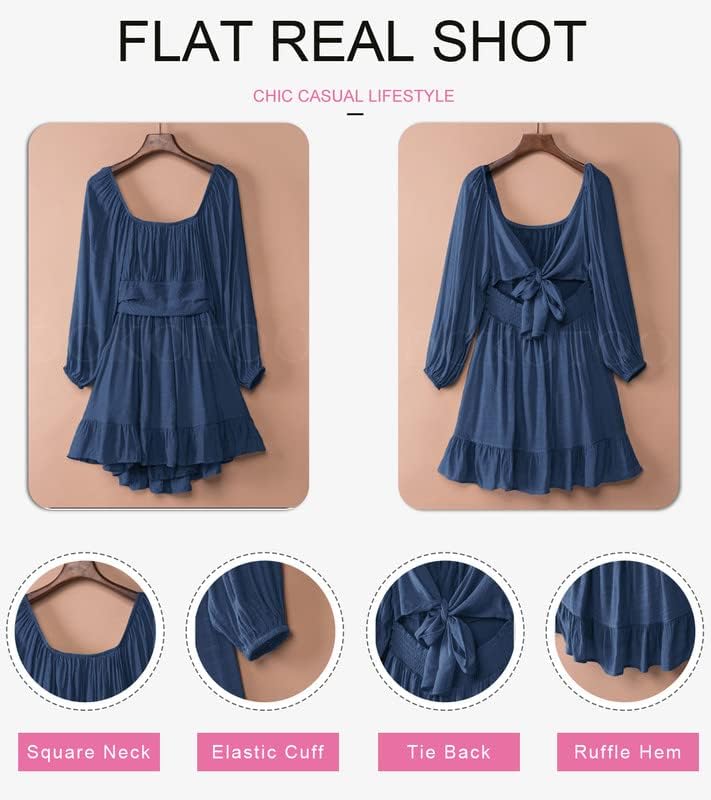 Dokotoo Womens Dress Long Lantern Sleeve Square Neck Tie