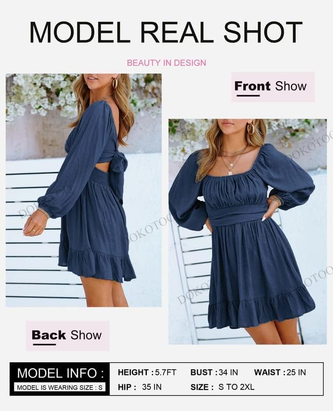 Dokotoo Womens Dress Long Lantern Sleeve Square Neck Tie