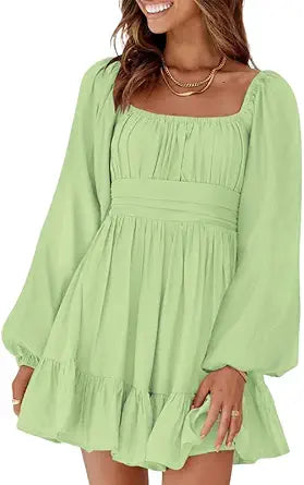 Dokotoo Womens Dress Long Lantern Sleeve Square Neck Tie