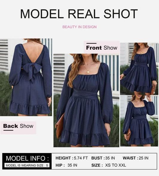 Dokotoo Womens Dress Long Lantern Sleeve Square Neck Tie