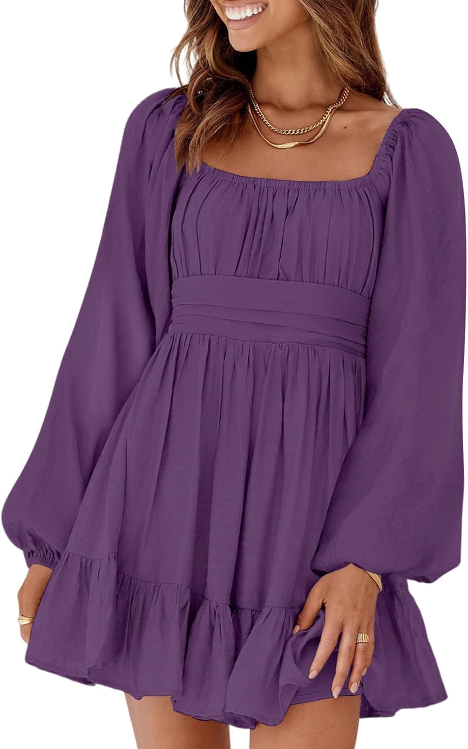 Dokotoo Womens Dress Long Lantern Sleeve Square Neck Tie