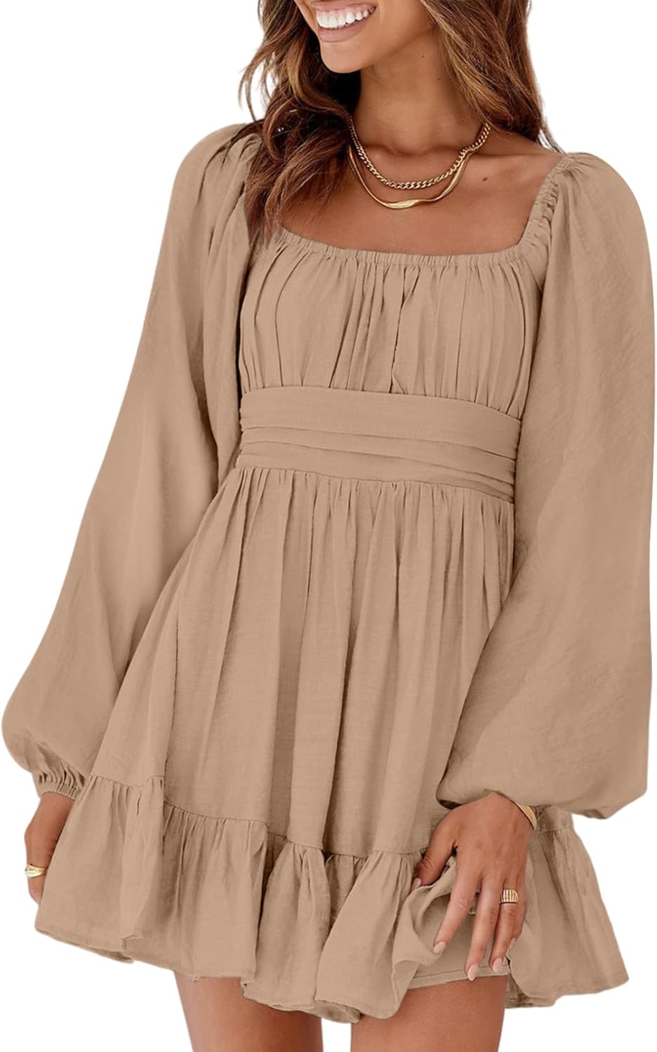 Dokotoo Womens Dress Long Lantern Sleeve Square Neck Tie