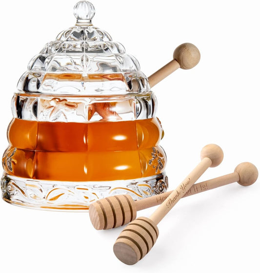 M&N HOME Honey Dish with 3 Dippers Honey Jar