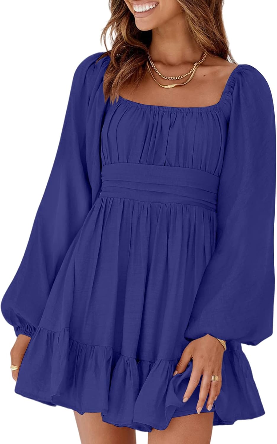 Dokotoo Womens Dress Long Lantern Sleeve Square Neck Tie