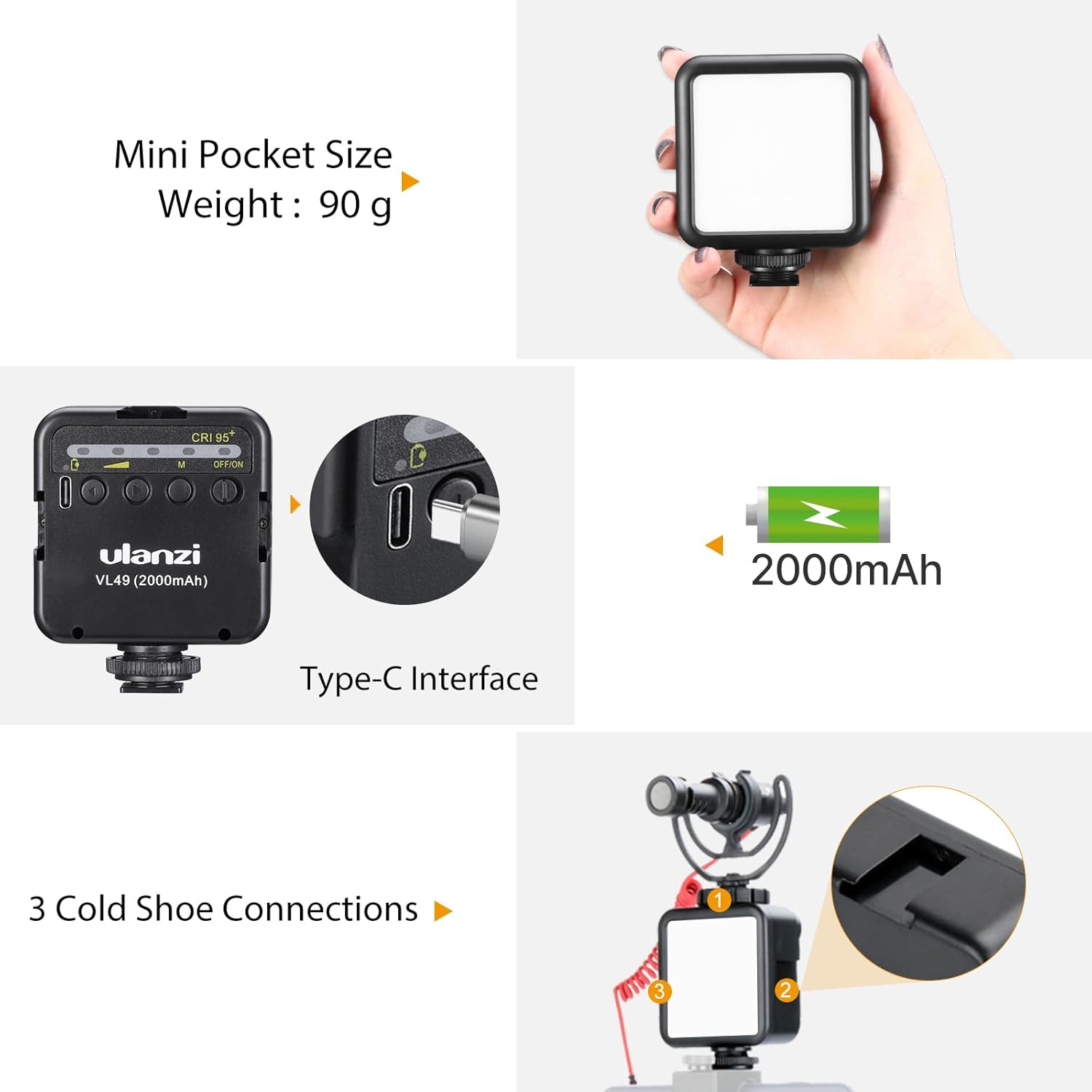 ULANZI VL49 2000mAh LED Video Light w 3 Cold Shoe