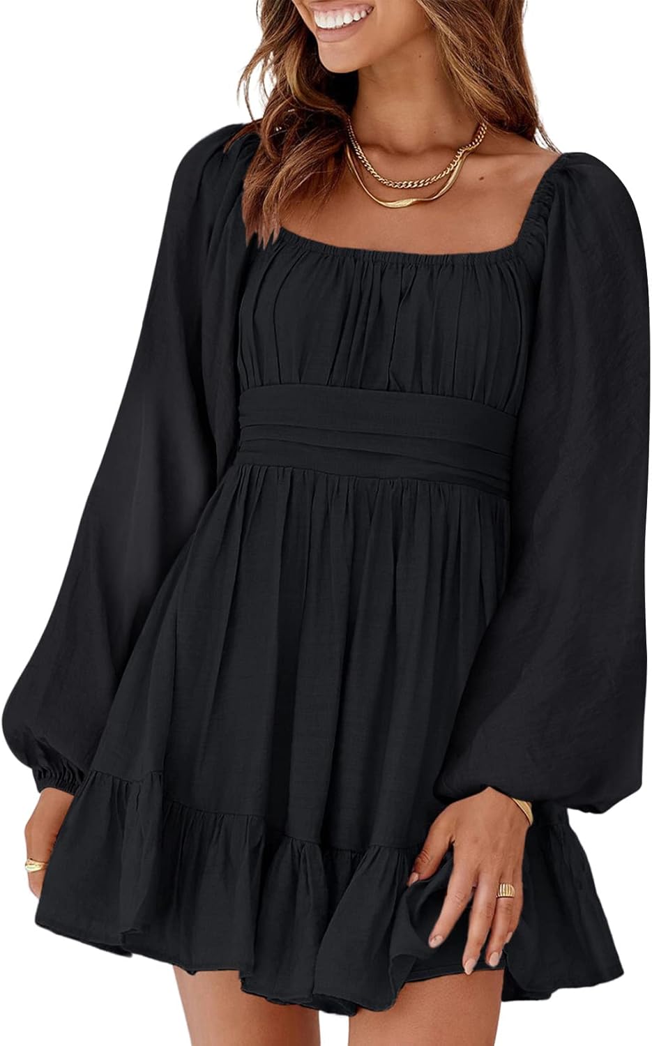 Dokotoo Womens Dress Long Lantern Sleeve Square Neck Tie