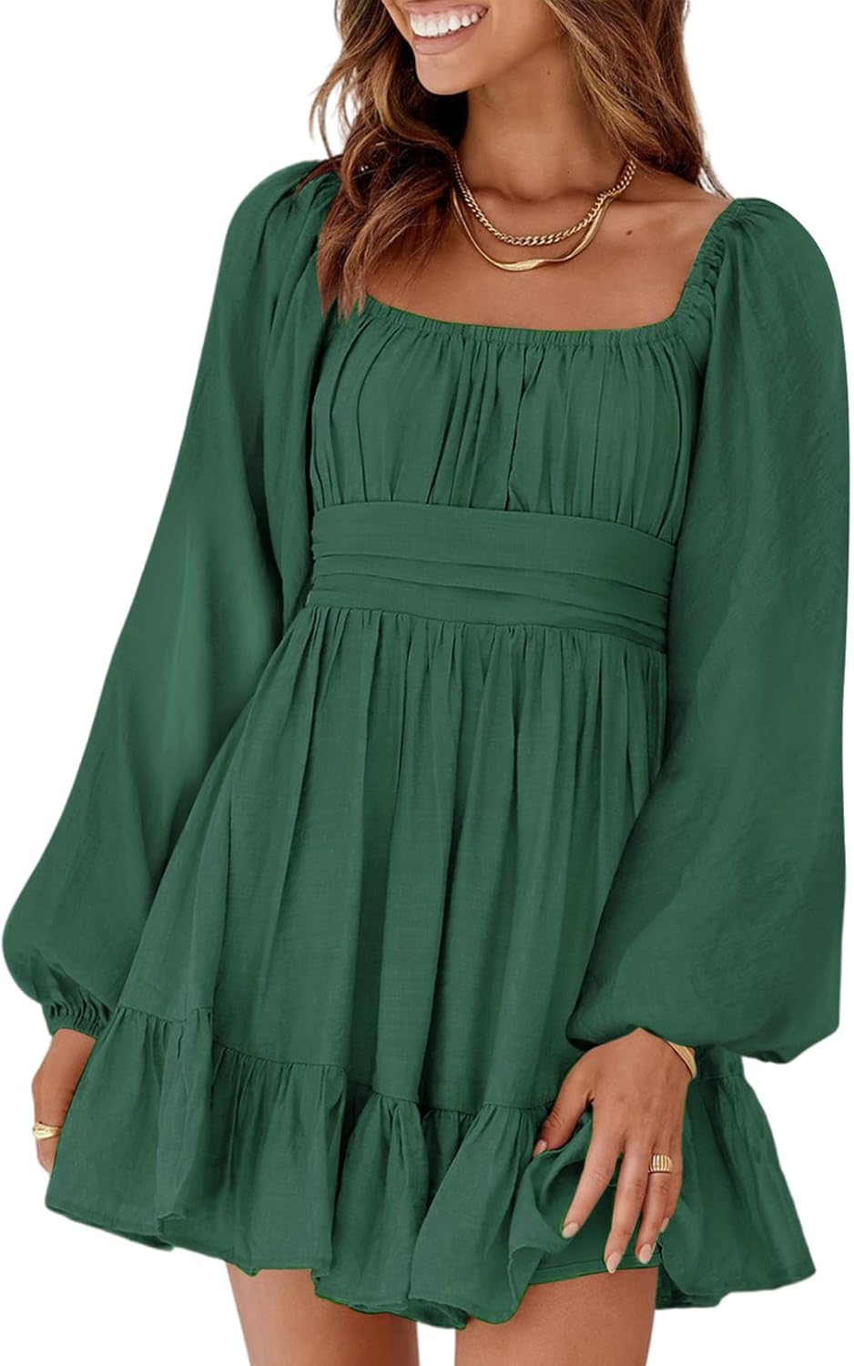 Dokotoo Womens Dress Long Lantern Sleeve Square Neck Tie