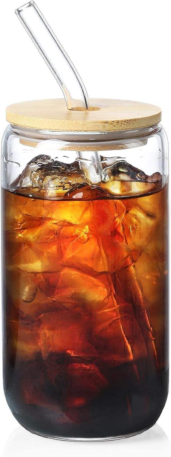 Drinking Glasses with Bamboo Lids and Glass Straw