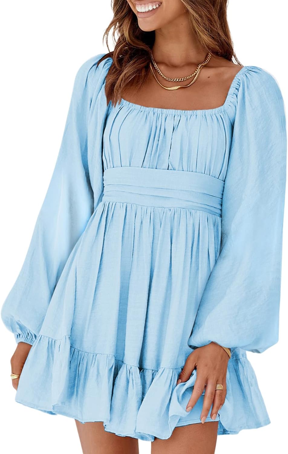 Dokotoo Womens Dress Long Lantern Sleeve Square Neck Tie