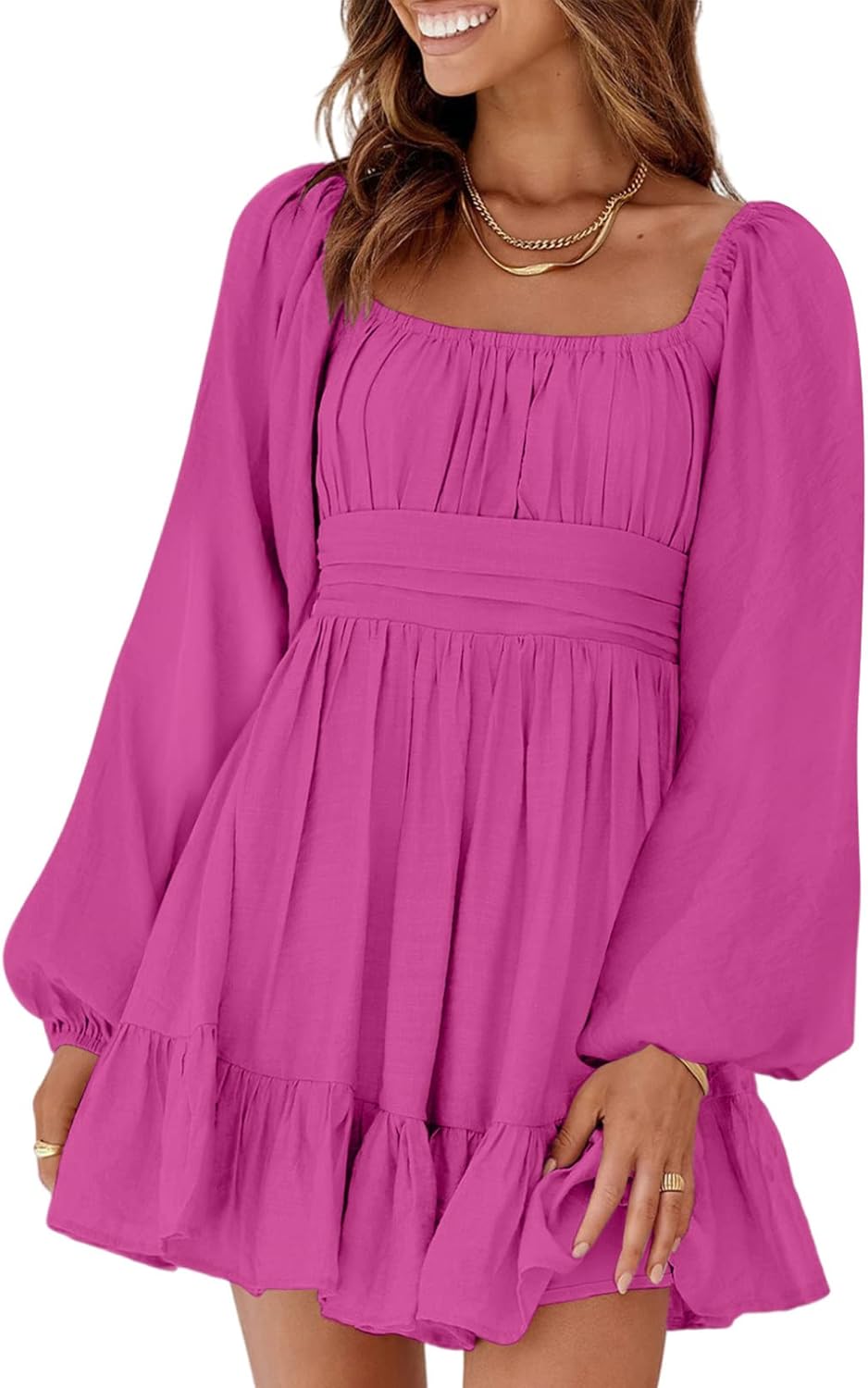 Dokotoo Womens Dress Long Lantern Sleeve Square Neck Tie