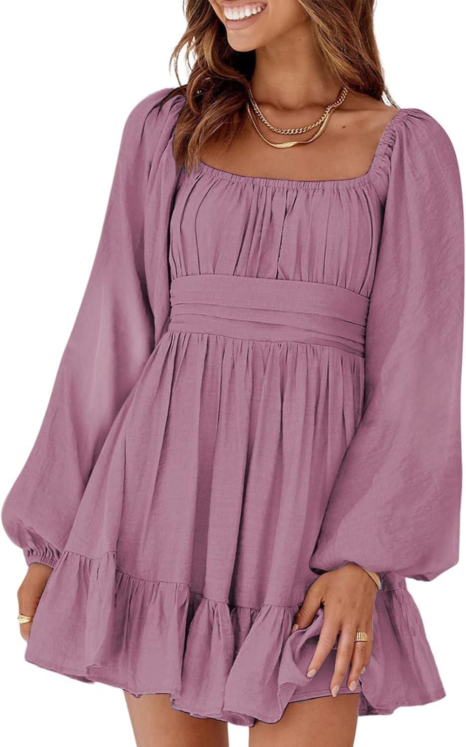 Dokotoo Womens Dress Long Lantern Sleeve Square Neck Tie