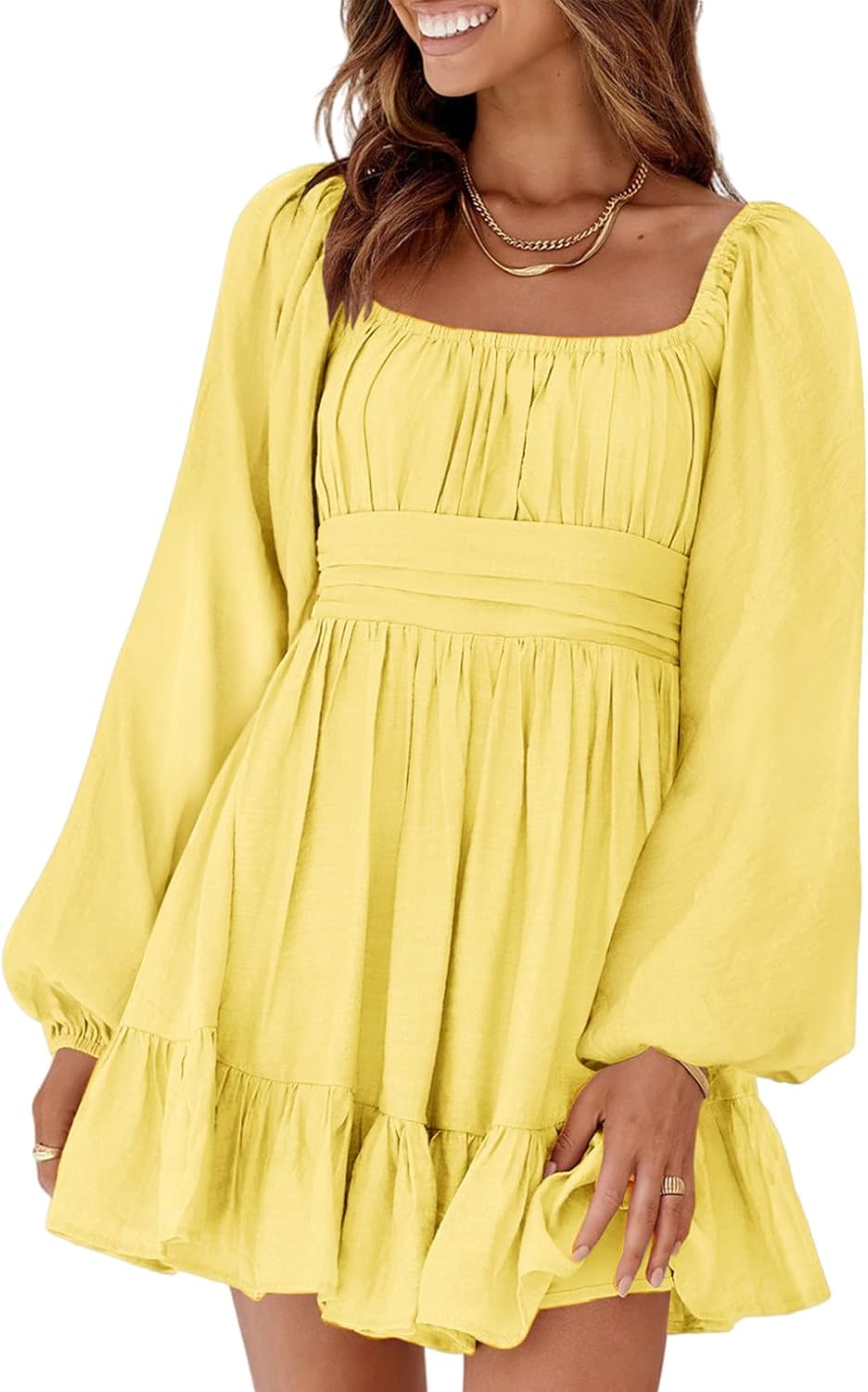 Dokotoo Womens Dress Long Lantern Sleeve Square Neck Tie