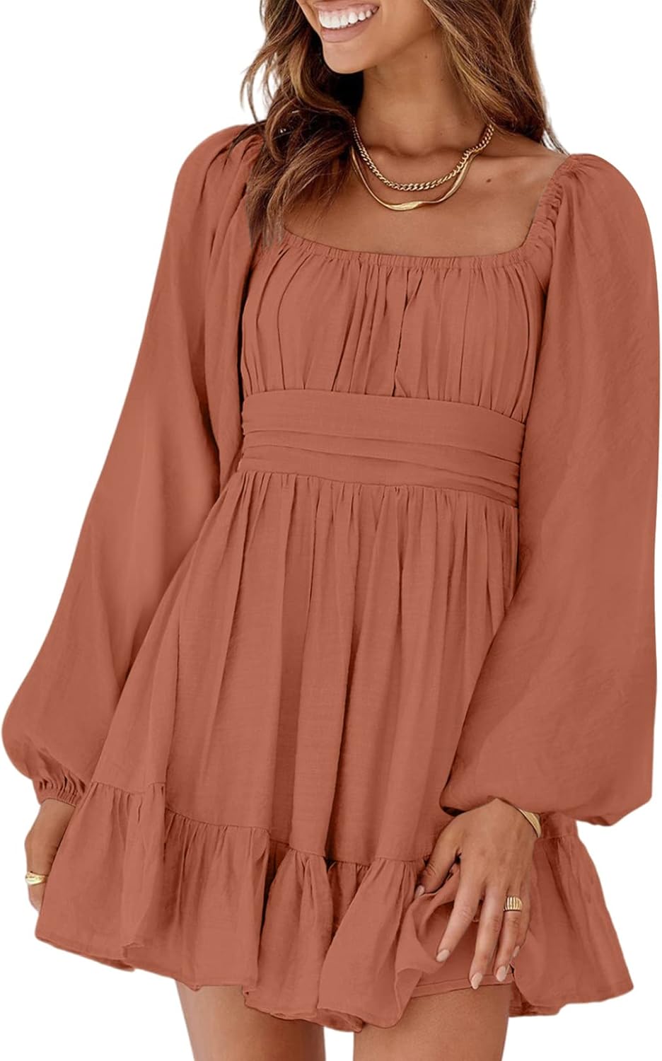 Dokotoo Womens Dress Long Lantern Sleeve Square Neck Tie