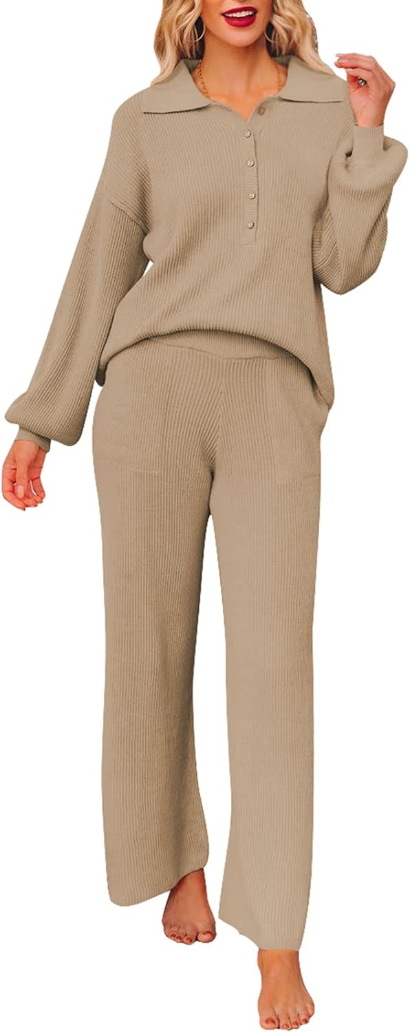 TOLENY Women 2 Piece Lounge Outfits Set Half Button Sweater Wide Leg Pant Loungewear Tracksuit