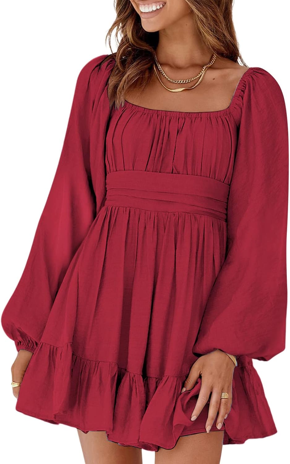 Dokotoo Womens Dress Long Lantern Sleeve Square Neck Tie