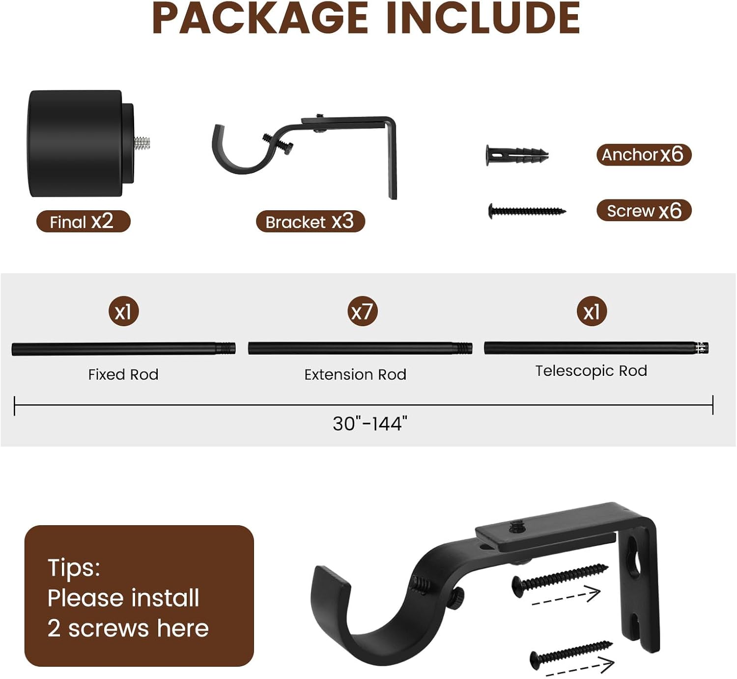 1” Diameter Curtain Rods Itself is 30 to144 inch 1 Pack