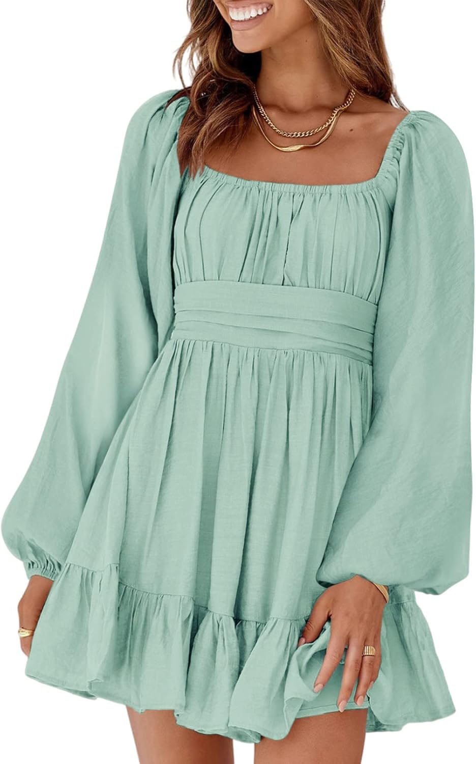 Dokotoo Womens Dress Long Lantern Sleeve Square Neck Tie