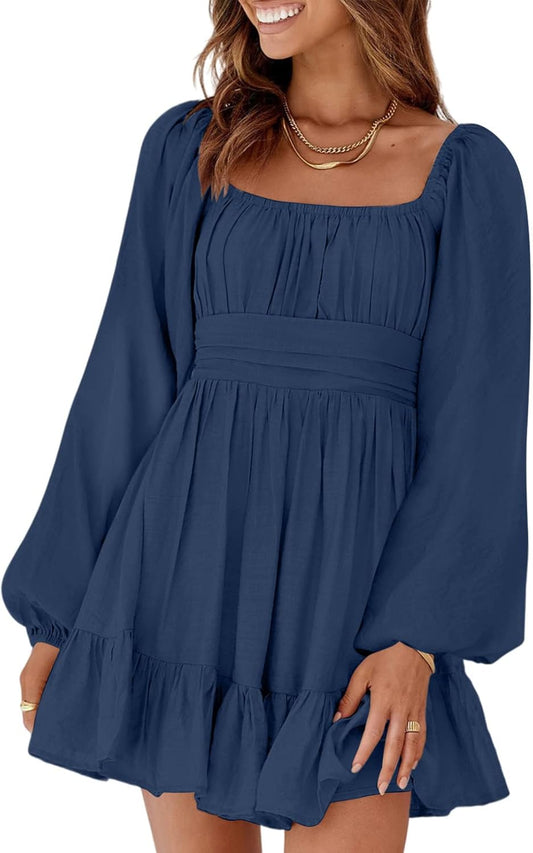 Dokotoo Womens Dress Long Lantern Sleeve Square Neck Tie