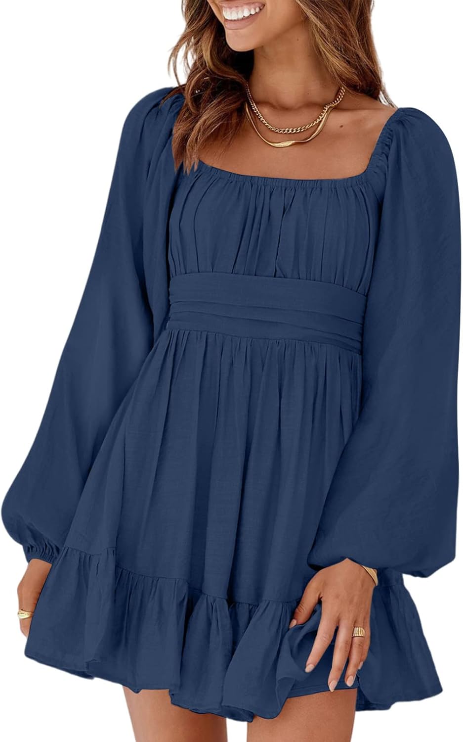 Dokotoo Womens Dress Long Lantern Sleeve Square Neck Tie