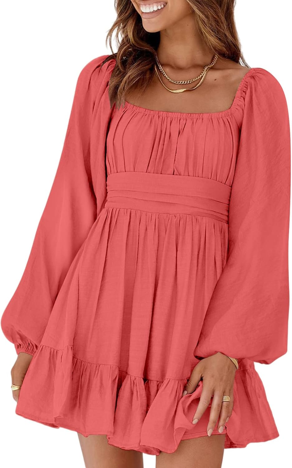 Dokotoo Womens Dress Long Lantern Sleeve Square Neck Tie