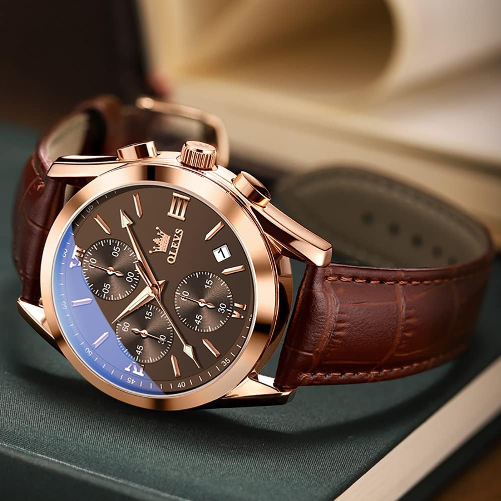 OLEVS Leather Chronograph Watch Men Leather Strap