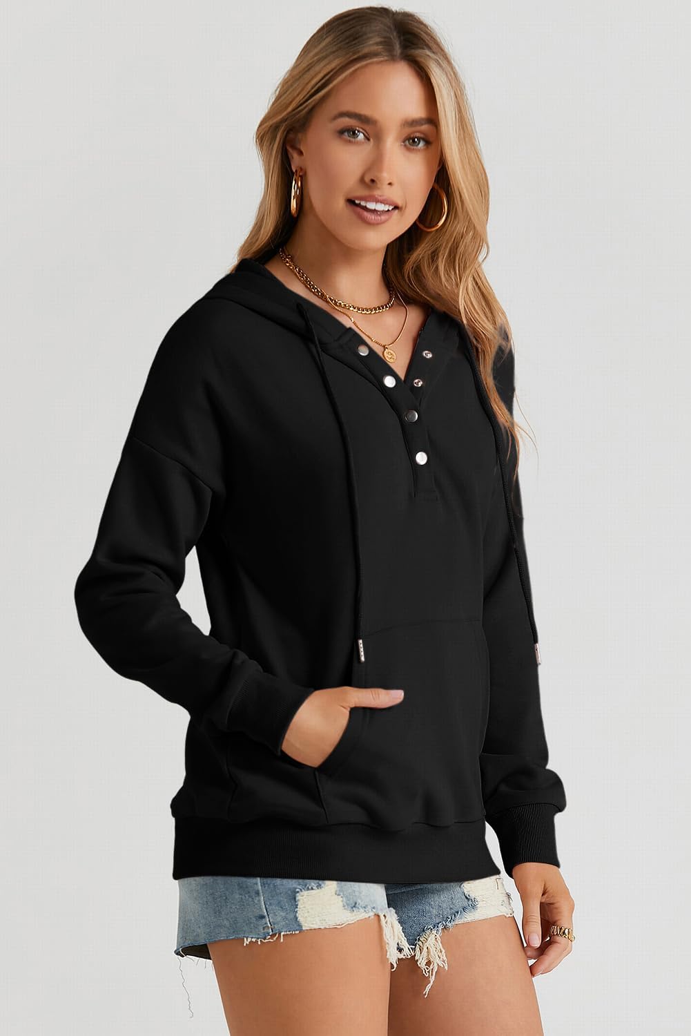 Dokotoo Womens 2025 Hoodies Button Collar Drawstring