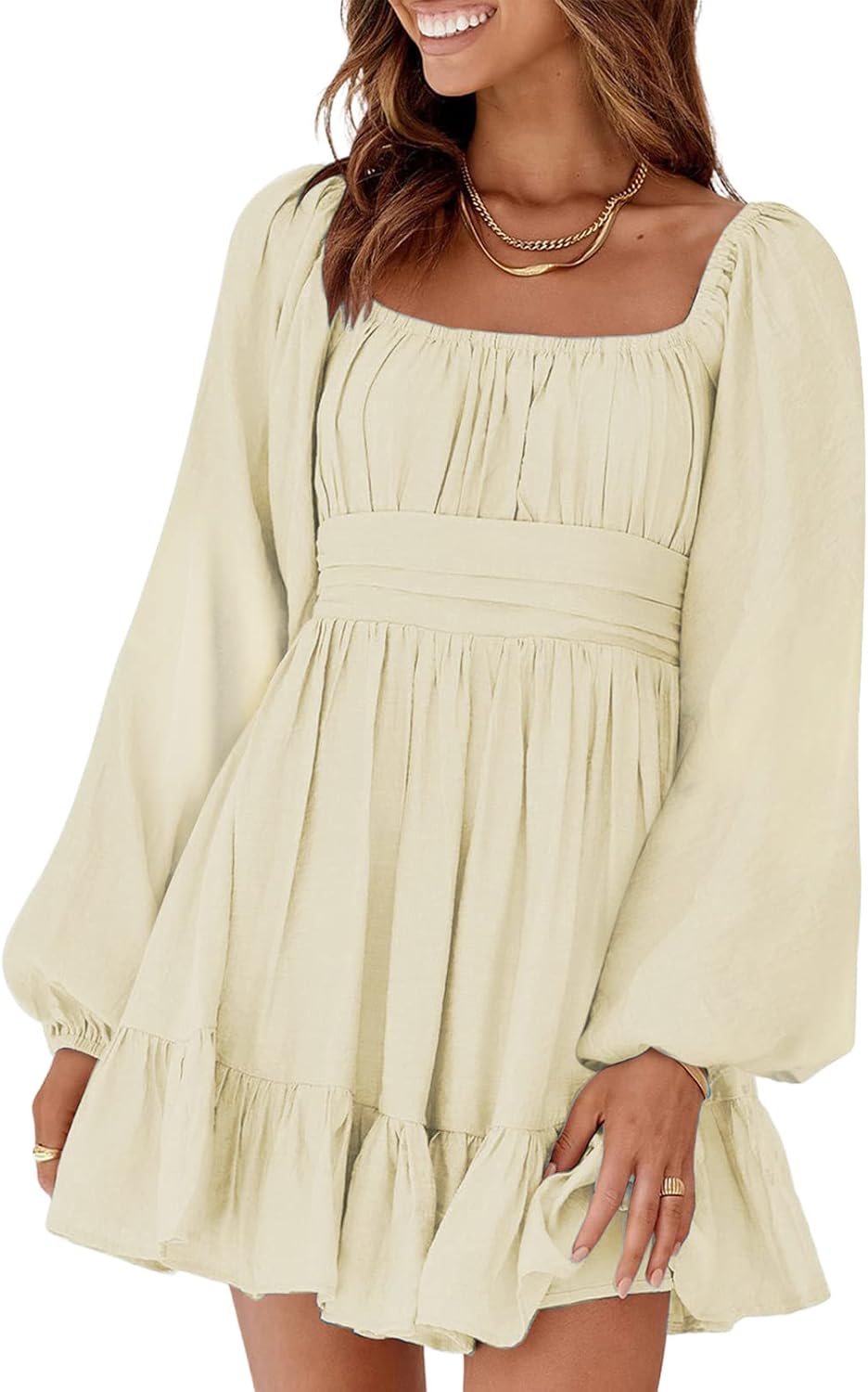 Dokotoo Womens Dress Long Lantern Sleeve Square Neck Tie