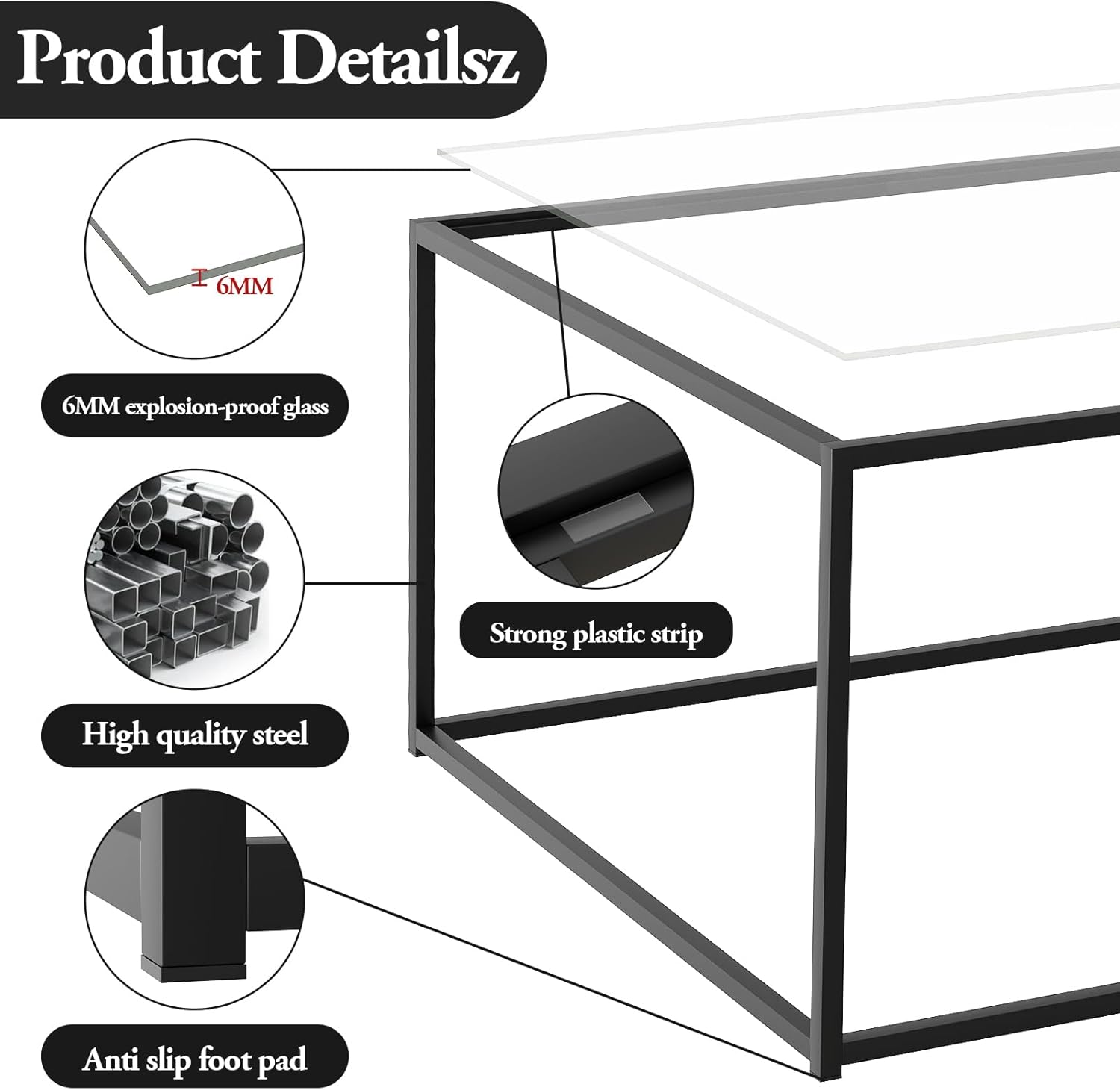 Black Glass Coffee Table for Living Room