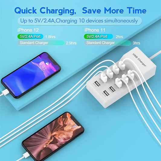 10-Port USB Wall Charger Station with Rapid Charging