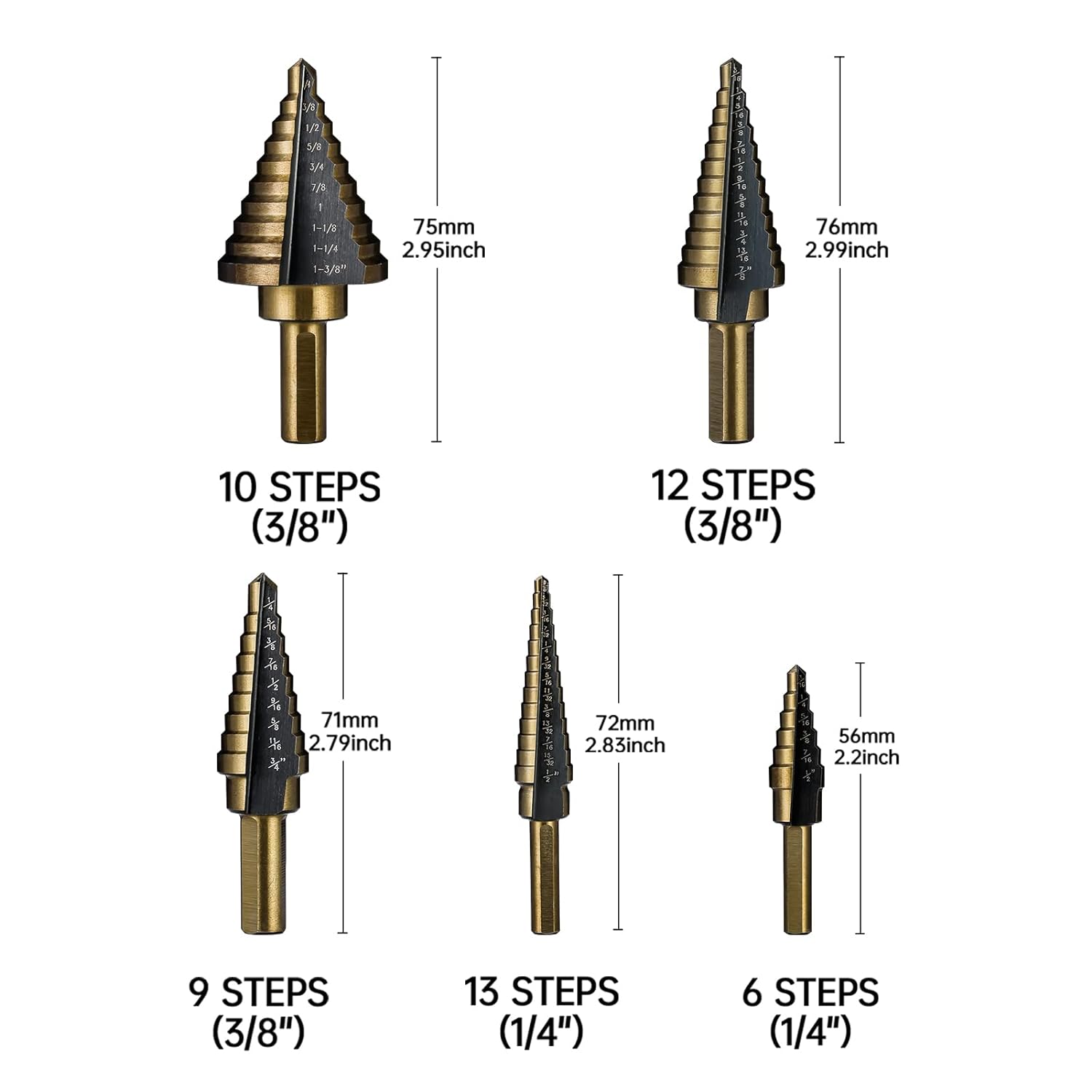 5PCS HSS Titanium Step Drill Bit Set
