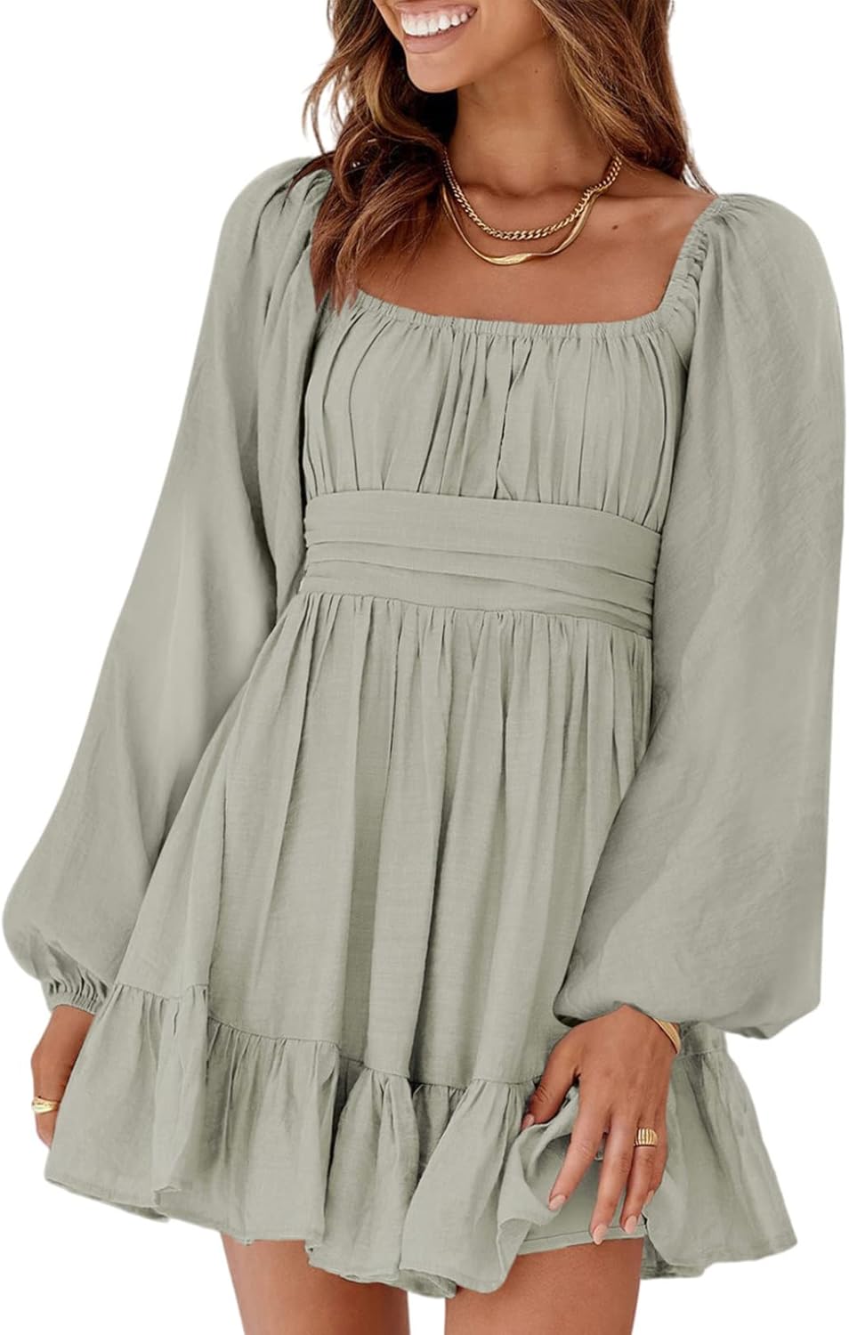 Dokotoo Womens Dress Long Lantern Sleeve Square Neck Tie