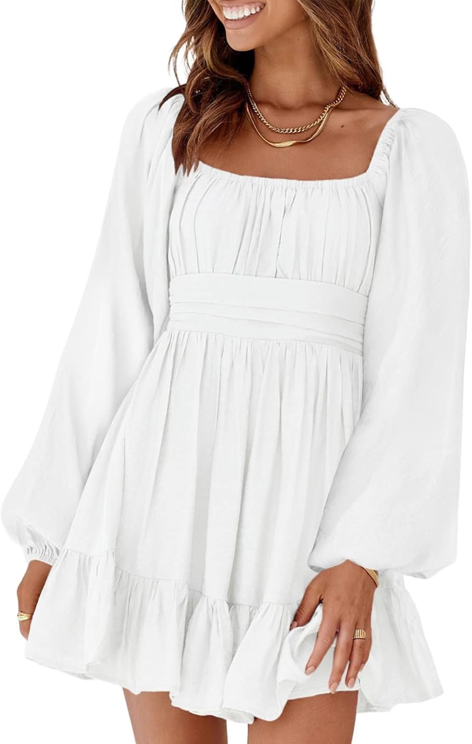 Dokotoo Womens Dress Long Lantern Sleeve Square Neck Tie