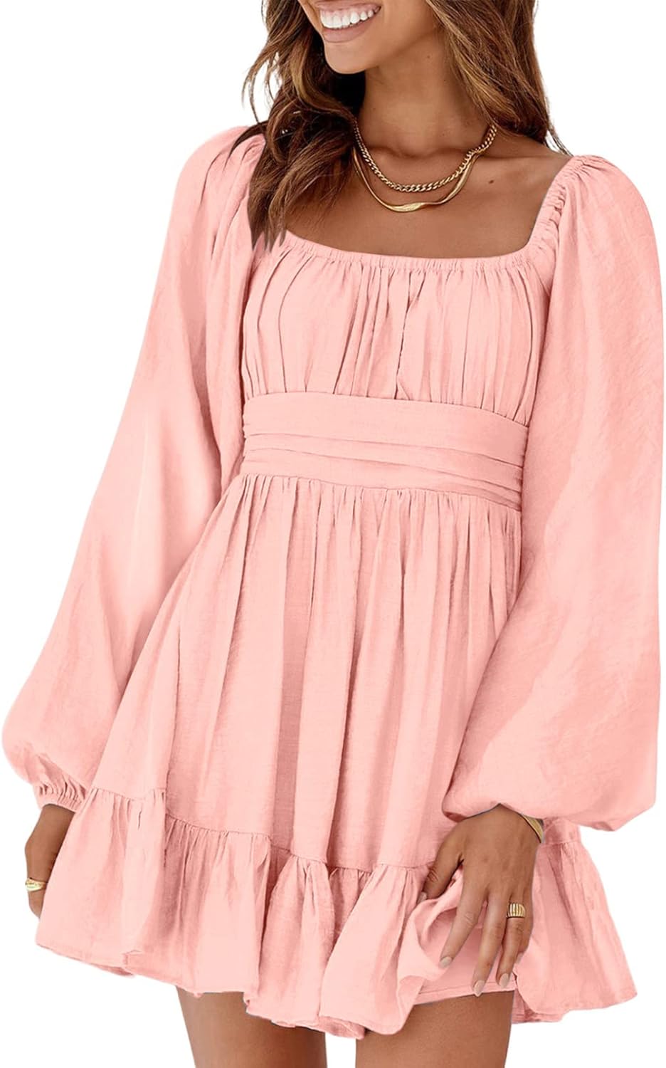 Dokotoo Womens Dress Long Lantern Sleeve Square Neck Tie