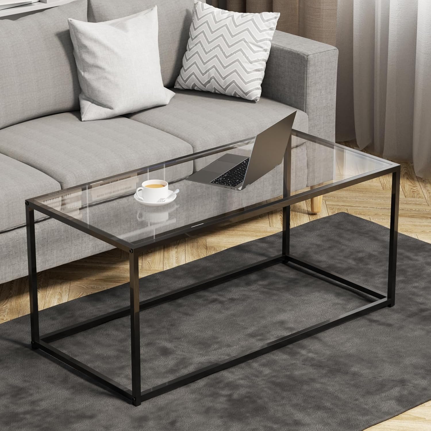 Black Glass Coffee Table for Living Room