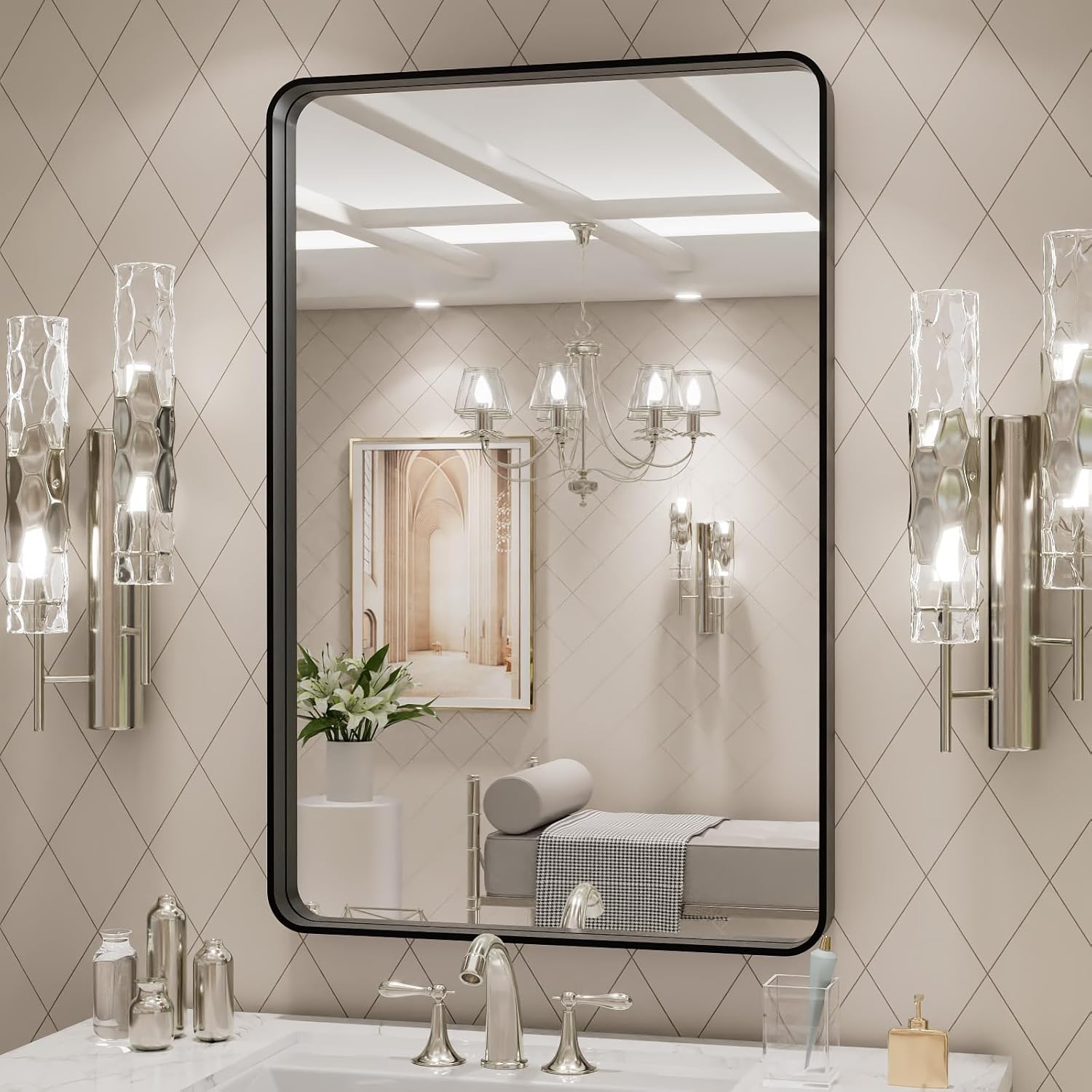 LOAAO Black Metal Framed Bathroom Mirror for Wall