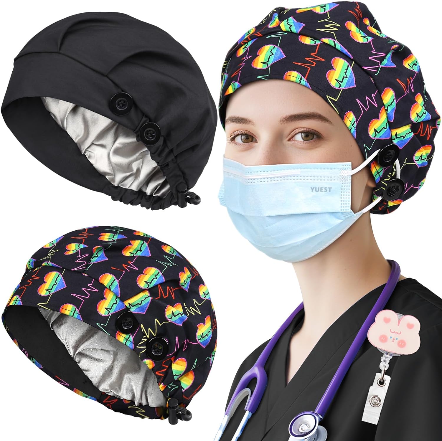 2 Pack Satin Lined Bouffant Scrub Caps