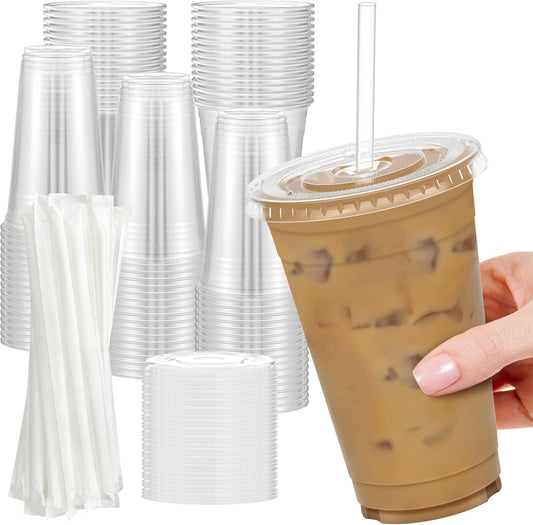 24 oz Clear Plastic Cups with Lids and Straws