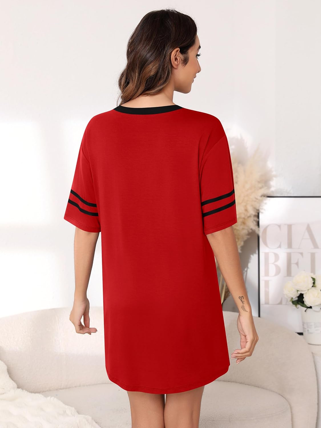 Missufe Women's V Neck Short Sleeve Nightgown Pajama