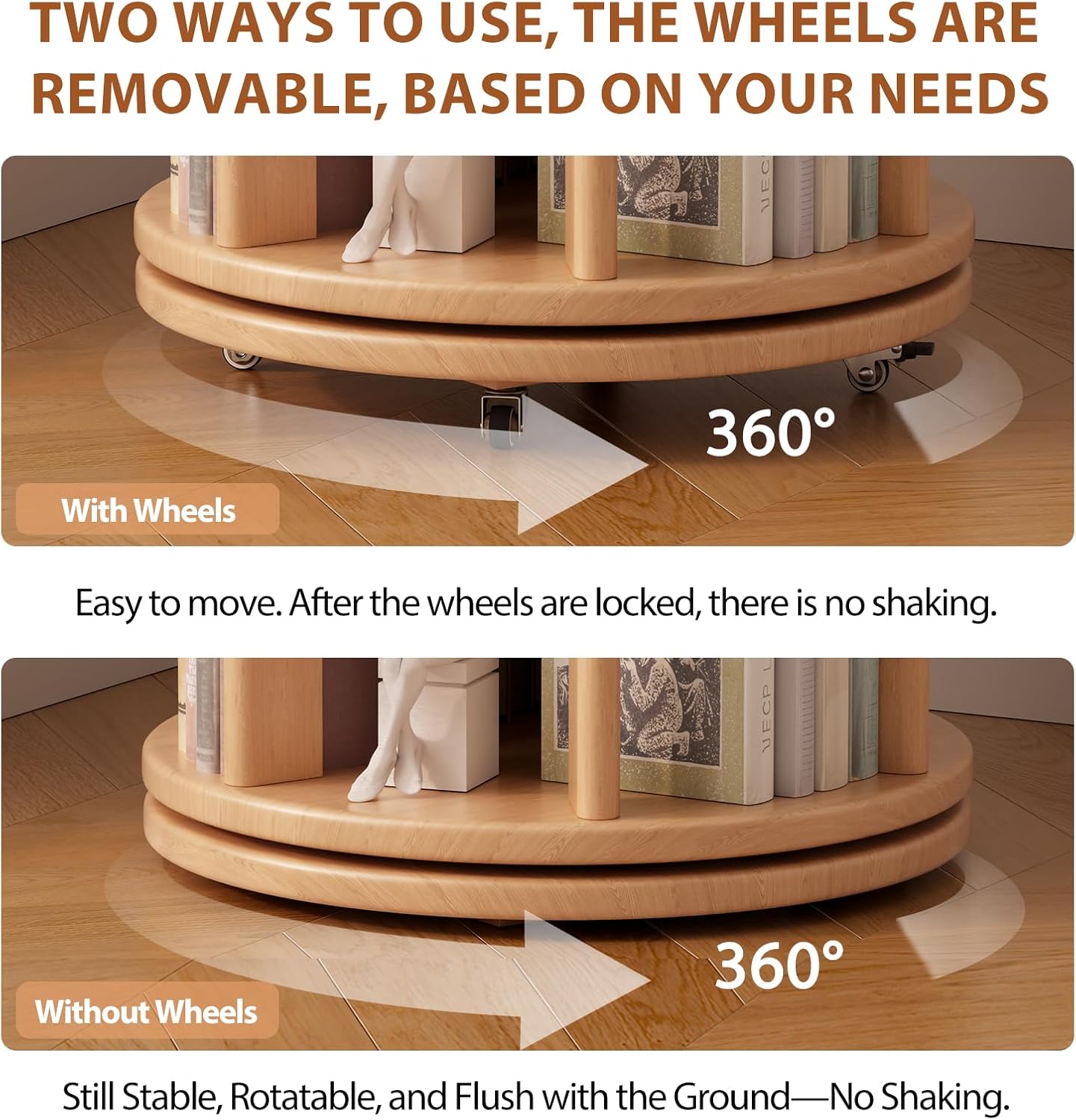 Solid Wood Rotating Bookshelf on Wheels