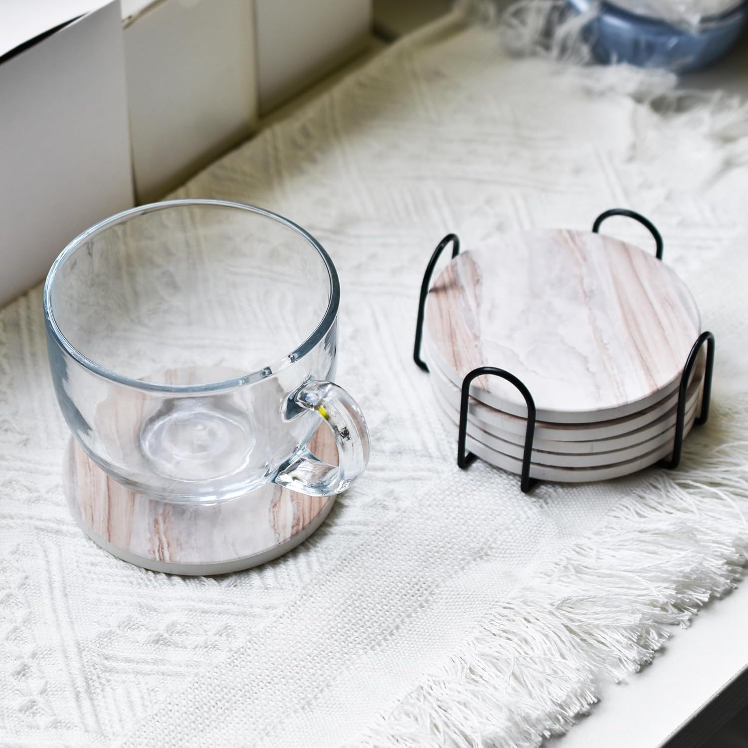 Drink Coasters with Holder Marble Style Ceramic