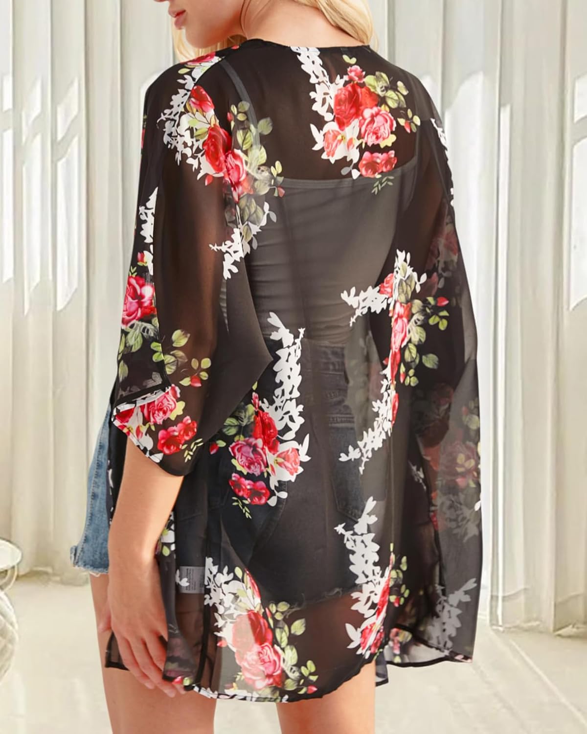Women’s Floral Puff Sleeve Kimono Cardigan