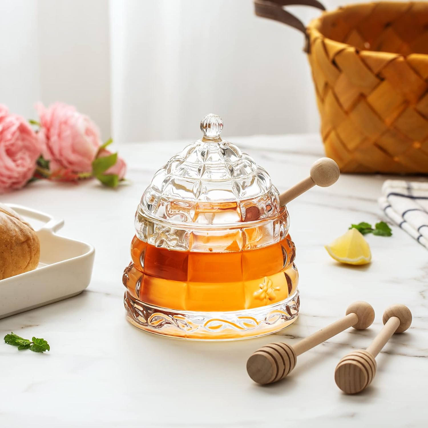 M&N HOME Honey Dish with 3 Dippers Honey Jar