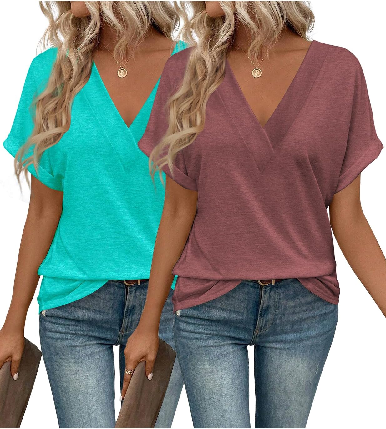 2PCS T Shirts Short Sleeve V Neck Tees Womens