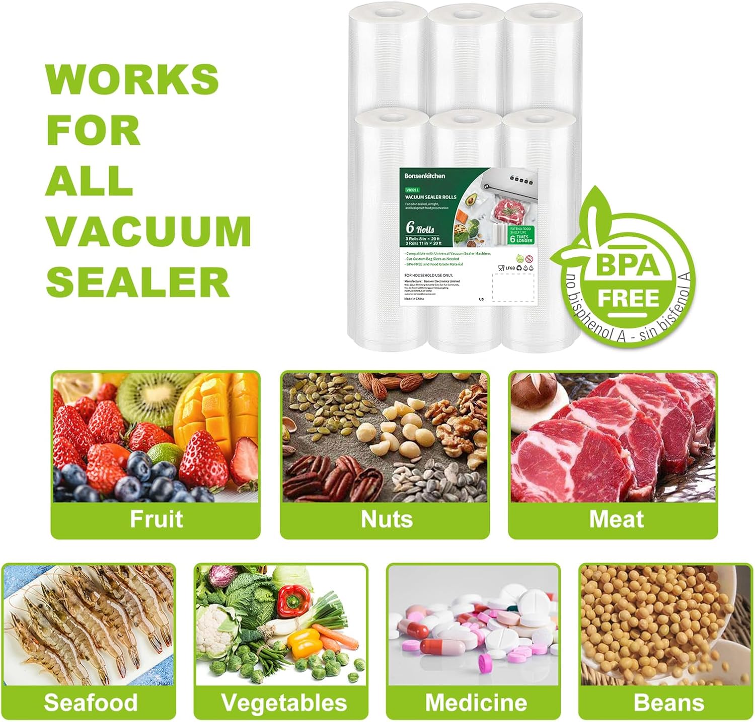 Bonsenkitchen Vacuum Sealer Bags Food Storage Rolls