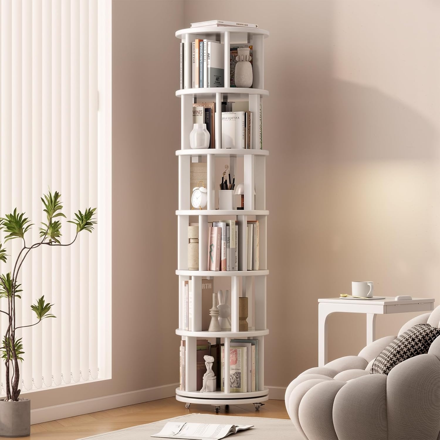Solid Wood Rotating Bookshelf on Wheels