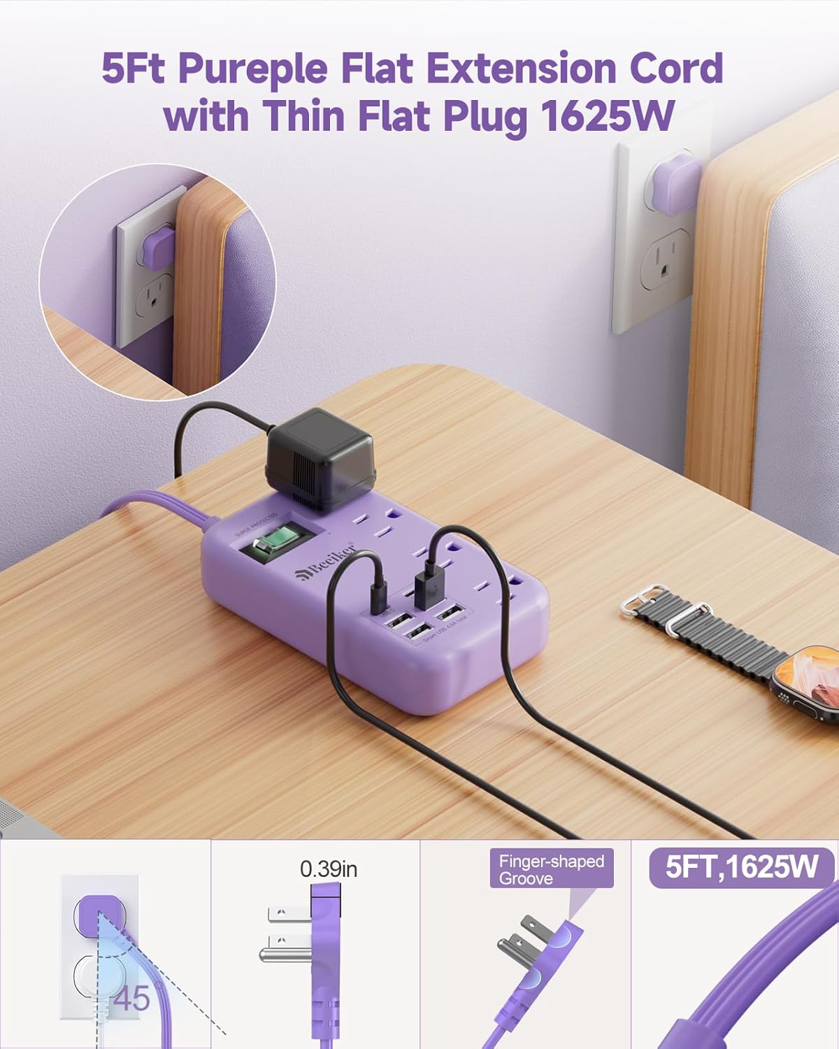 Purple Travel Power Strip 5Ft Lavender Extension Cord