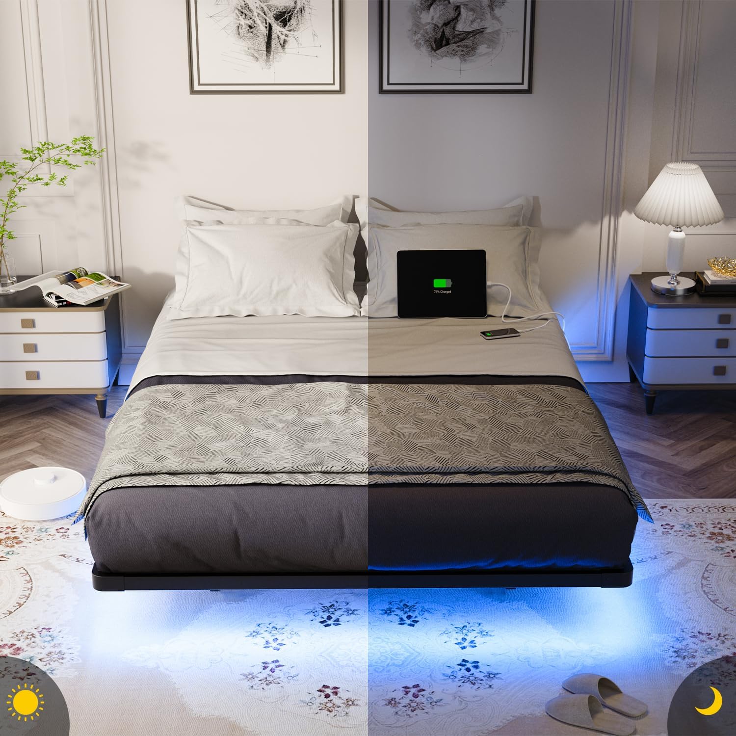 OLEVS Floating Bed Frame Full Size with Smart LED Lights